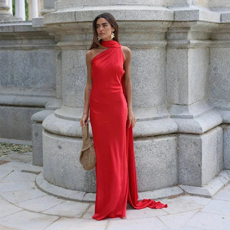 Josephine - One Shoulder Draped Maxi Dress — Red