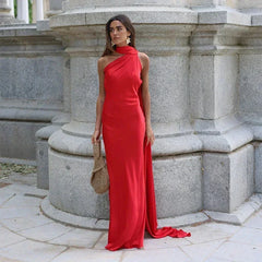 Josephine - One Shoulder Draped Maxi Dress — Red