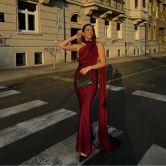 Josephine - One Shoulder Draped Maxi Dress — Wine Red