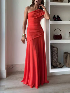 Stephanie - One Shoulder Ruched Maxi Dress — Pink