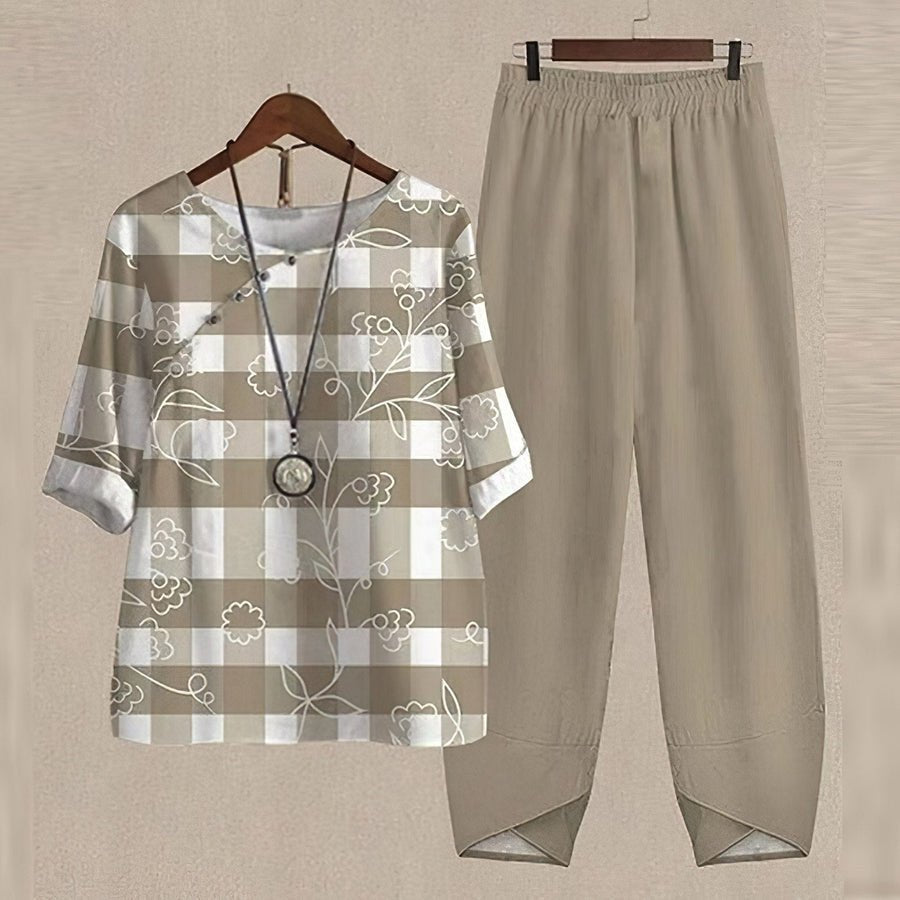 Audrey - Check Tunic and Trousers Set — Brown