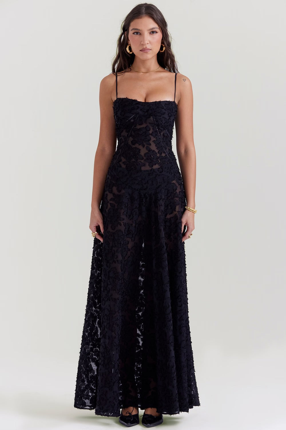 Henrietta - Lace Maxi Dress with Straps — Black