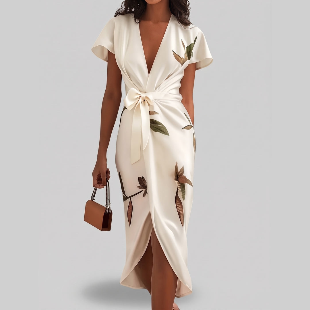 Solene - Leaf Print Satin Wrap Midi Dress