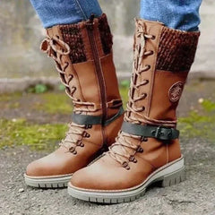 Ava - Knit Panel Lace up Boots — Brown