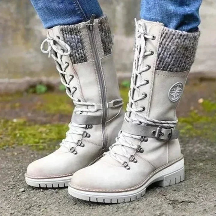 Ava - Knit Panel Lace up Boots — White
