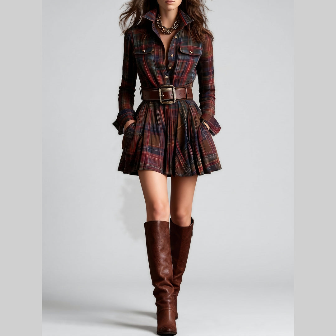 Tallulah - Plaid Shirt Mini Dress with Belt