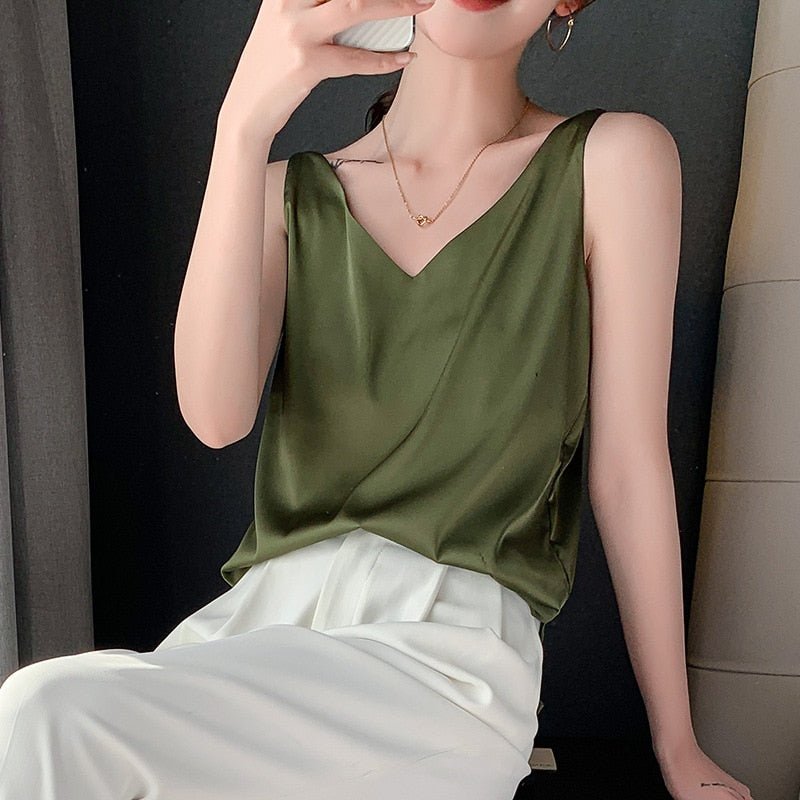 Savannah - Satin V Neck Cami — Army green