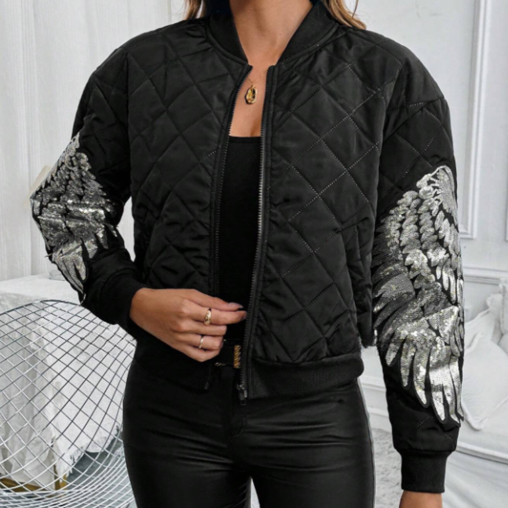 Zelda - Quilted Bomber with Sequin Sleeves — Black
