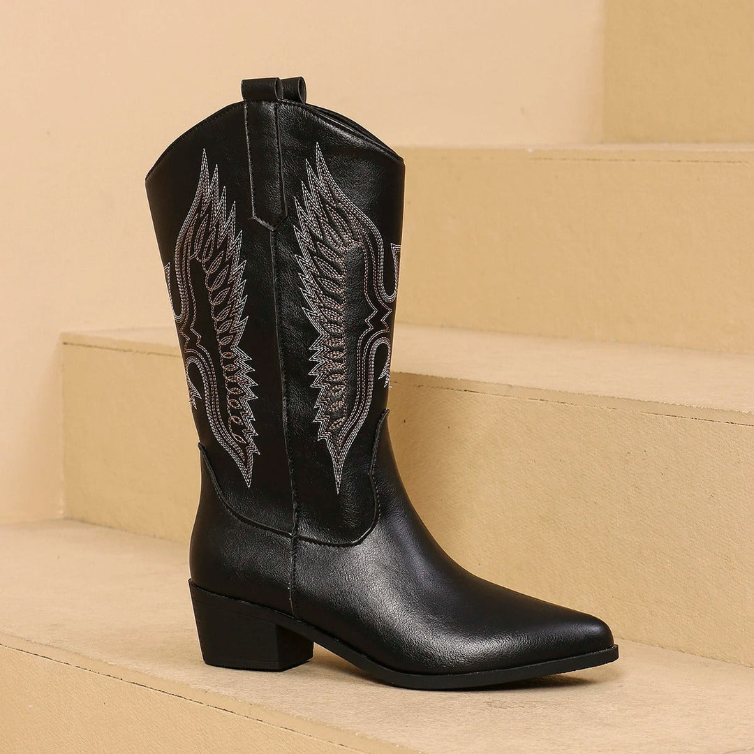 Eliza - Embroidered Cowboy Boots — Black
