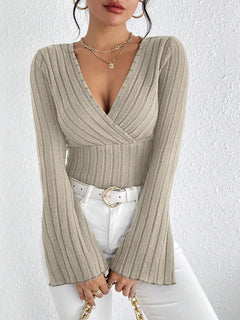 Malia - Ribbed Wrap Flare Sleeve Top — Grey