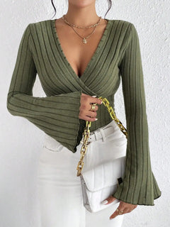 Malia - Ribbed Wrap Flare Sleeve Top — Green