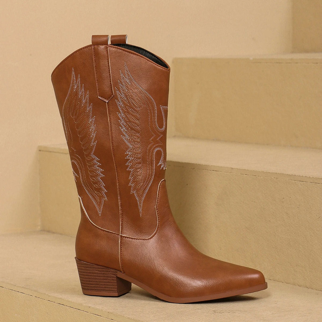 Eliza - Embroidered Cowboy Boots — Brown