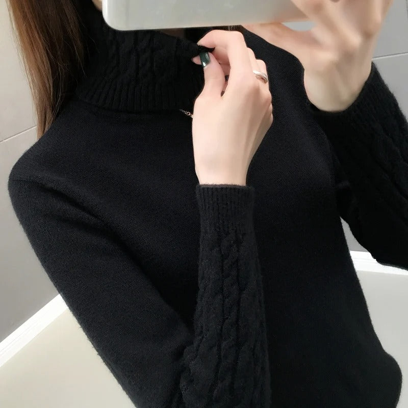 Cora - Cable Knit Turtleneck Jumper — Black