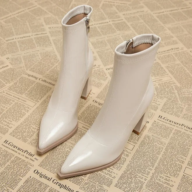 Amelia - Pointed Heeled Ankle Boots — White