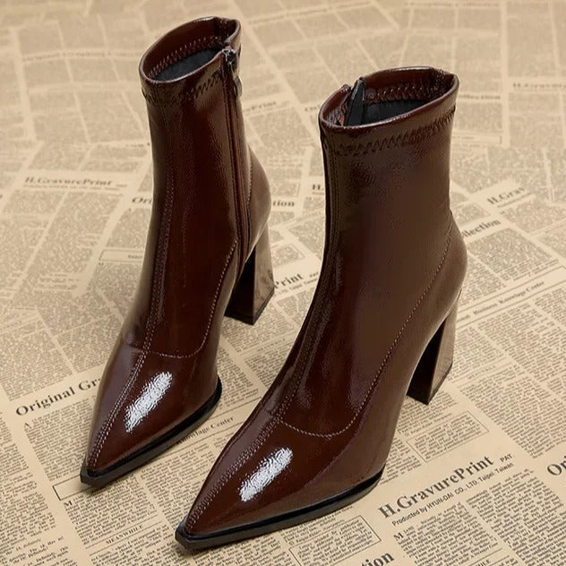 Amelia - Pointed Heeled Ankle Boots — Brown