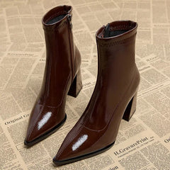 Amelia - Pointed Heeled Ankle Boots — Brown