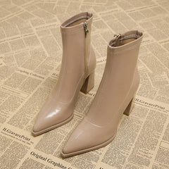 Amelia - Pointed Heeled Ankle Boots — Apricot