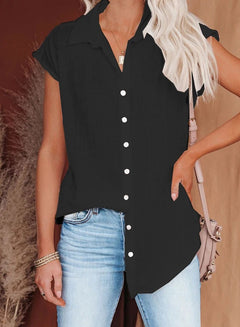 Alexandra - Cap Sleeve Button Shirt — Black