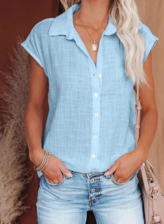 Alexandra - Cap Sleeve Button Shirt — Blue