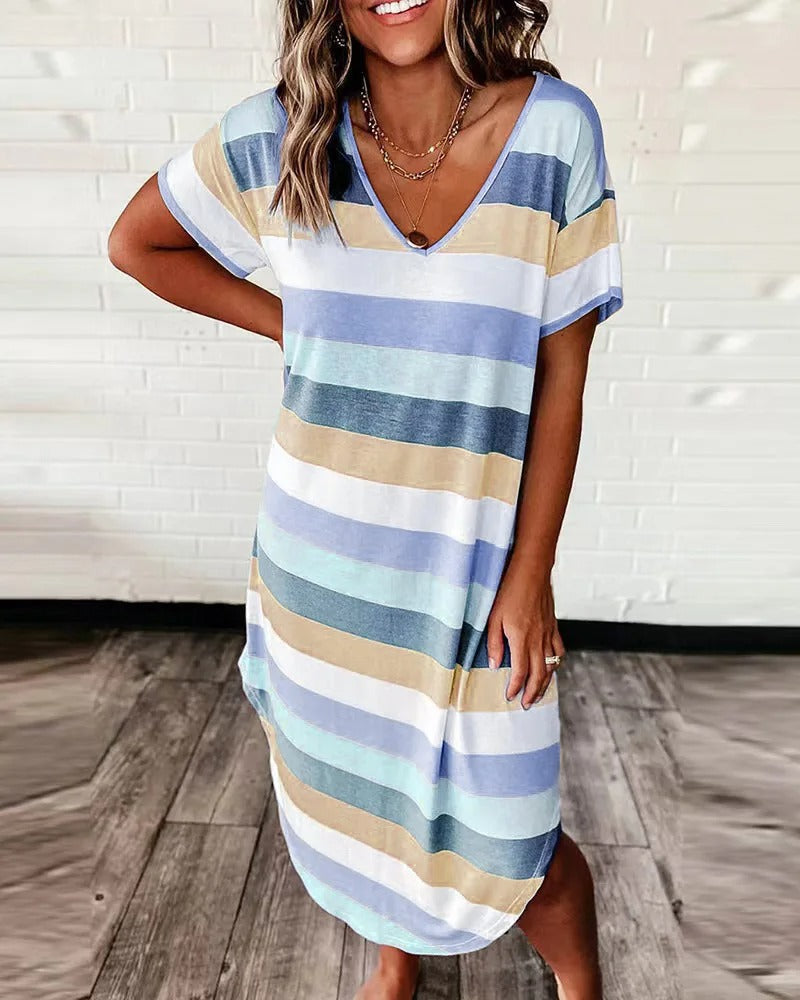 Madeleine - Striped V Neck Tee Dress — Dark Blue