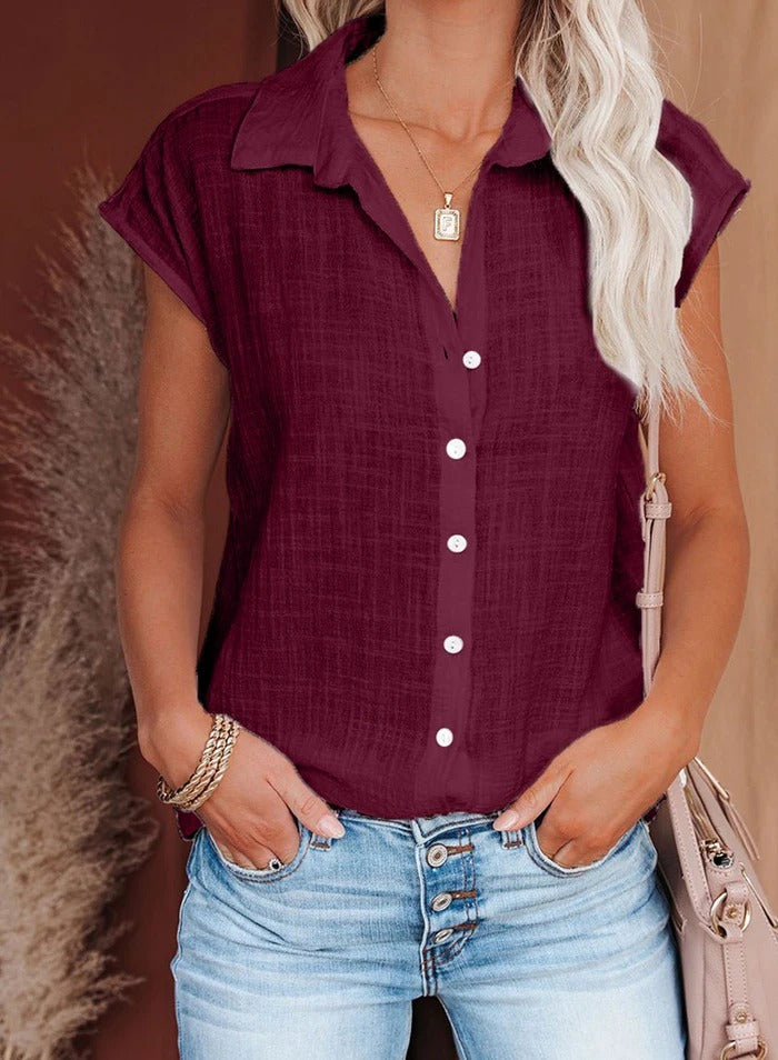 Alexandra - Cap Sleeve Button Shirt — Wine red
