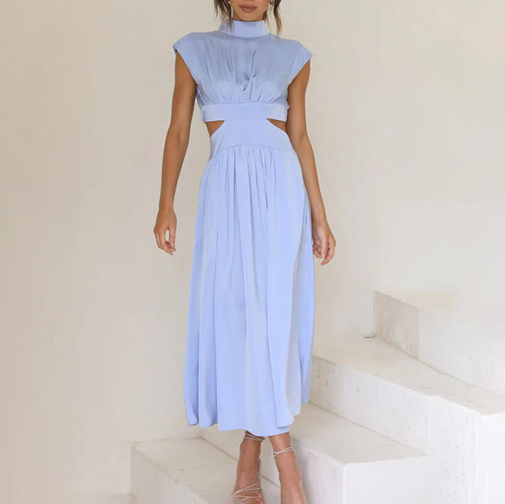 Genevieve - Pleated Cutout Midi Dress — Light Blue