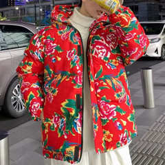 Dominic - Floral Print Padded Jacket — Red