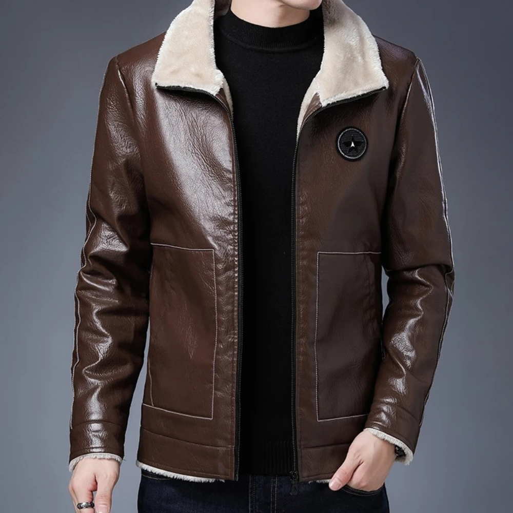 Mitchell - Leather Coat with Sherpa Collar — Coffee