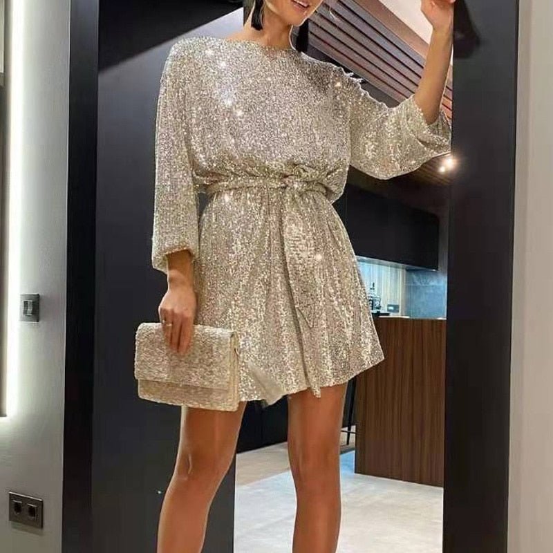 Gwendolyn - Sequin Batwing Mini Dress — Gold