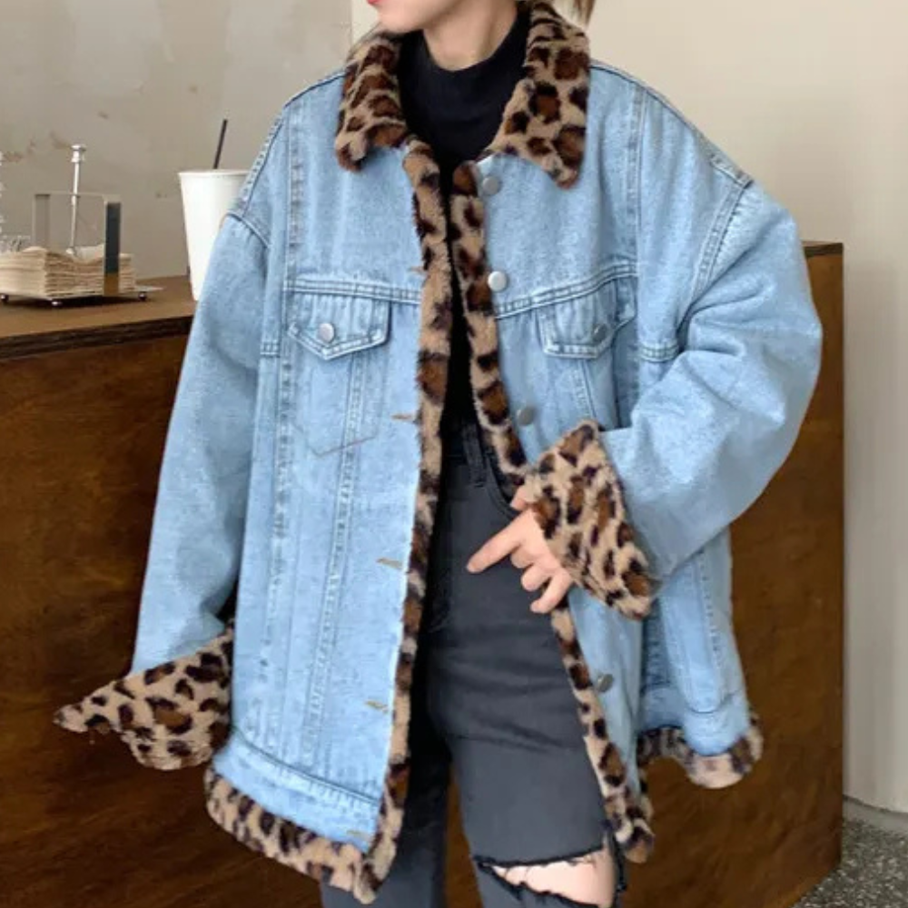 Whitney - Denim Jacket with Leopard Collar — Blue