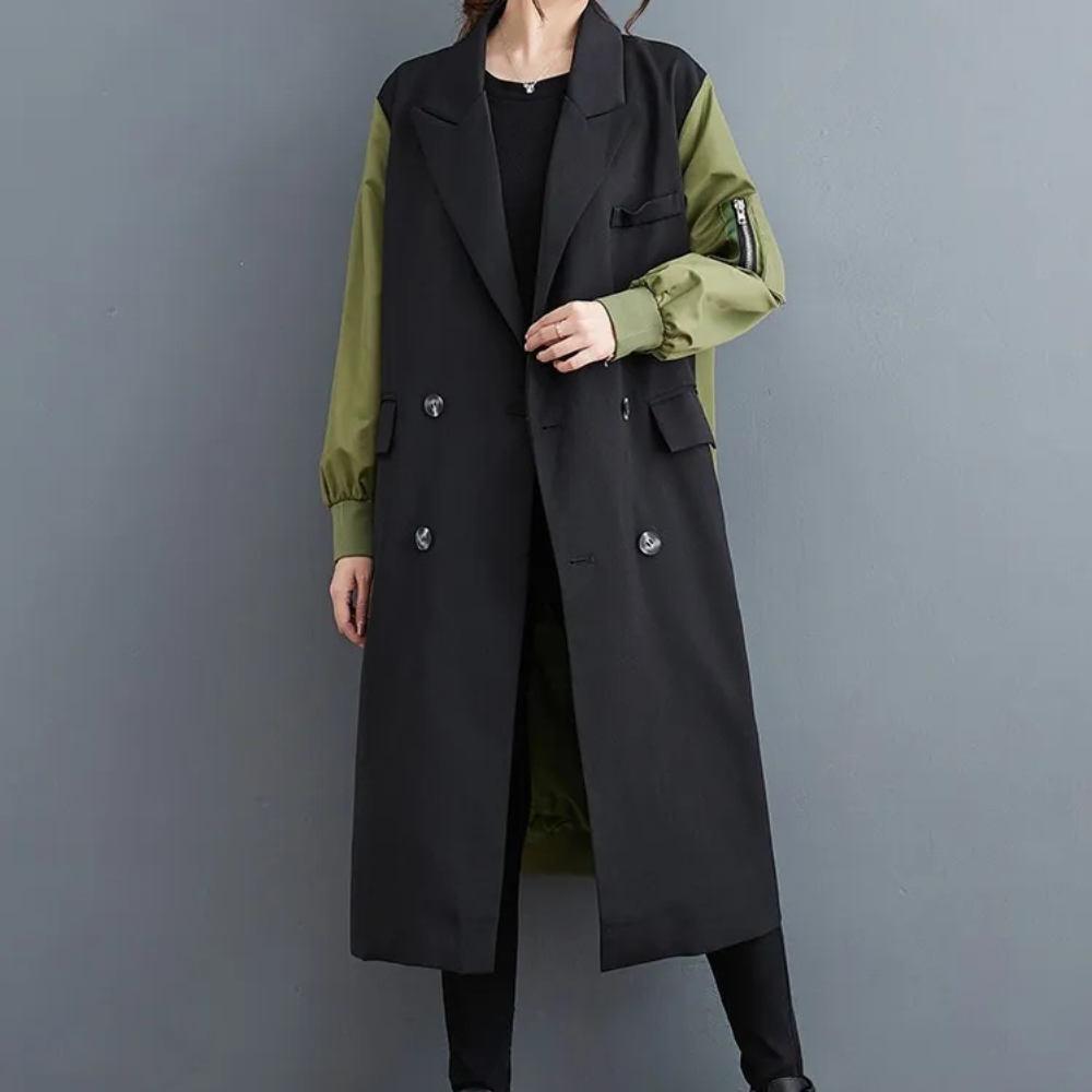 Vida - Longline Coat with Contrast Sleeves — Black Green